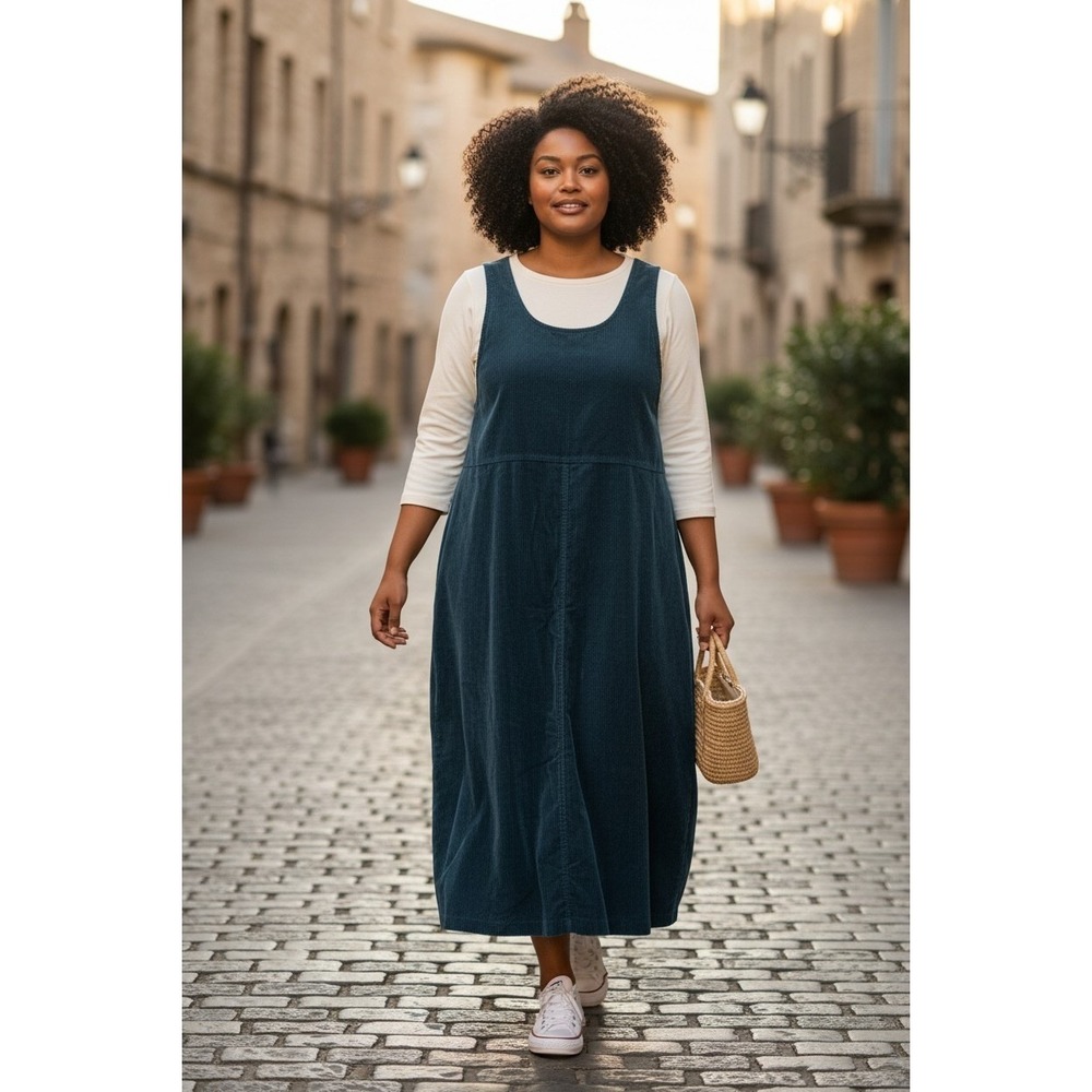 LL Bean Teal Blue Corduroy Jumper Dress Pocket Oversized Fun Garden Cottagecore